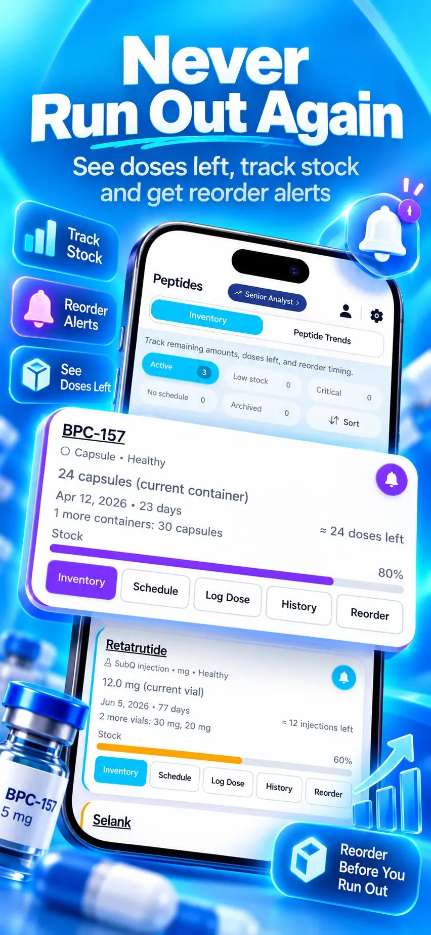 Peptide inventory in the Peptide Library app, with doses left, stock levels and reorder alerts