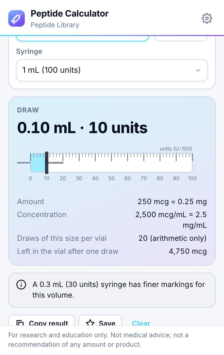 Reconstitution result: 0.10 mL, 10 units, drawn on a 1 mL insulin syringe