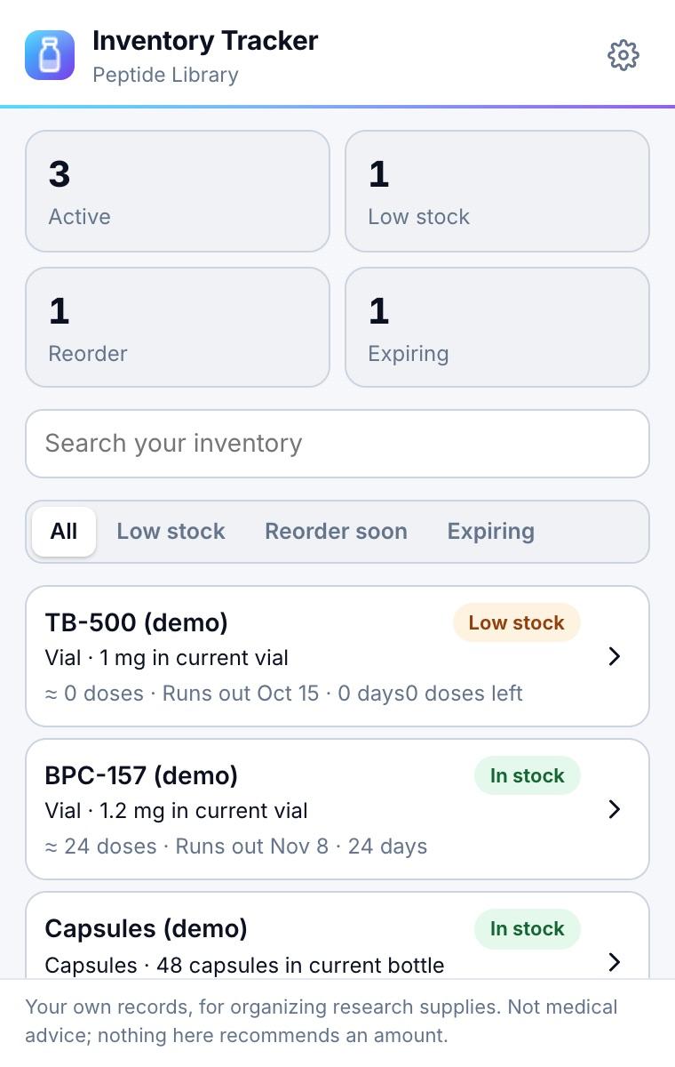 Inventory list with stock, doses left, run-out dates and statuses (demo data)