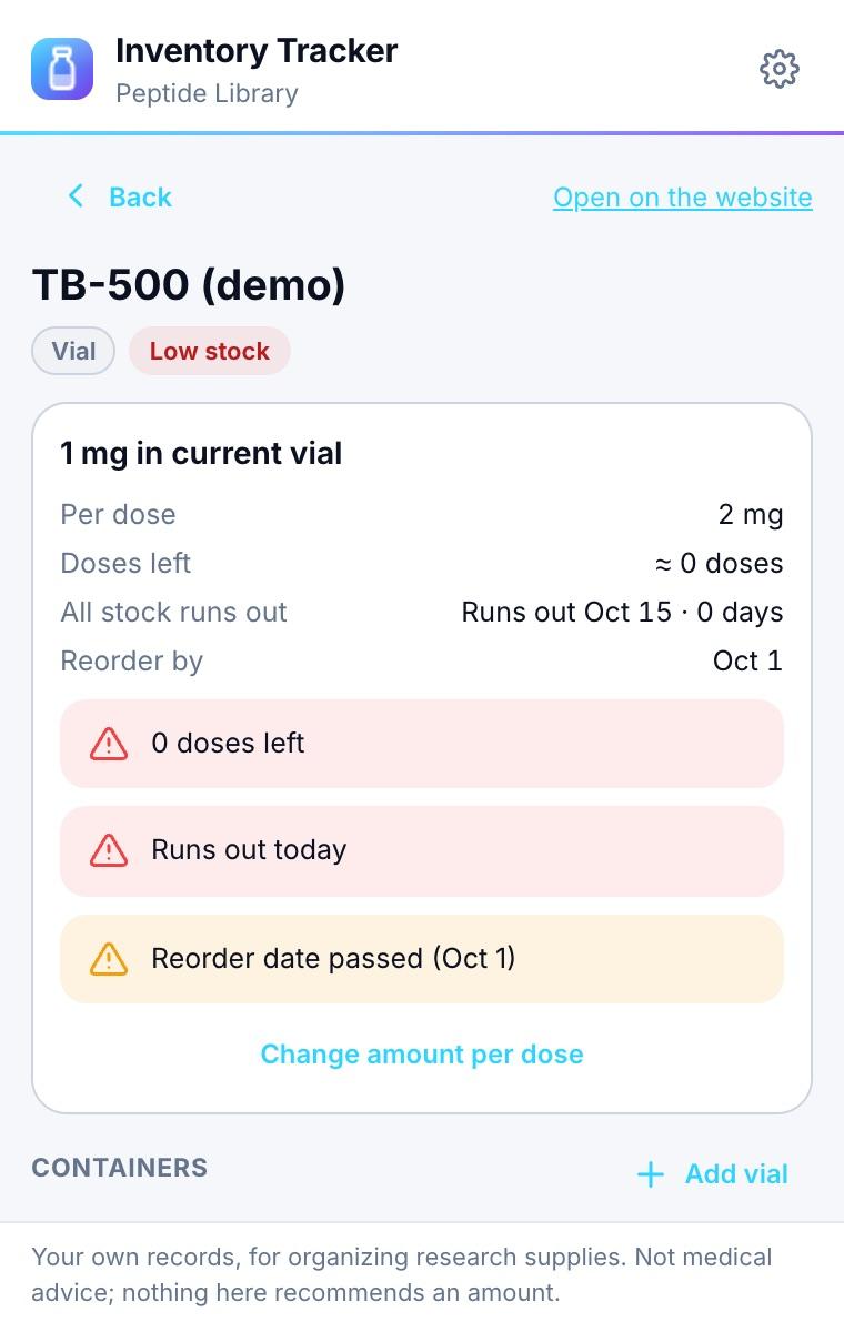 An item with its run-out, reorder date and reasons (demo data)