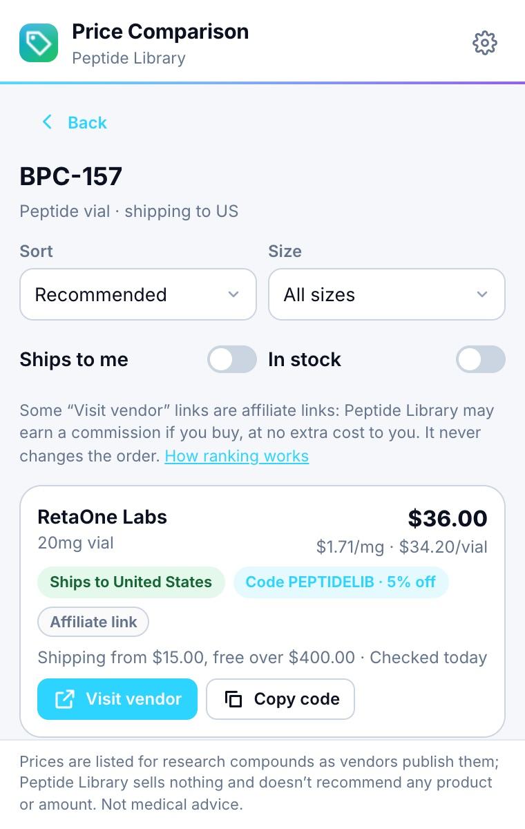 Vendor offers for one compound with price per mg, shipping and last-checked date