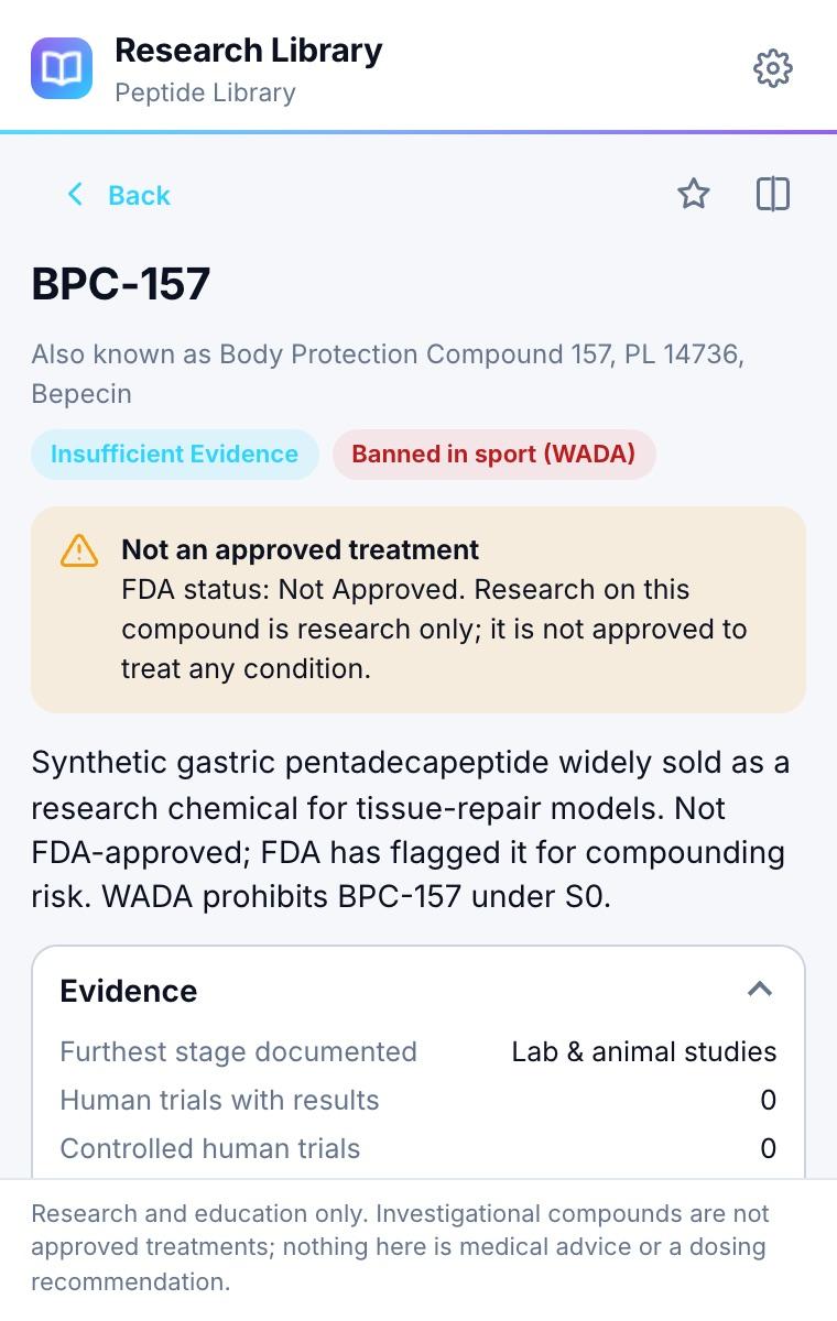 A research profile with evidence level, regulatory notice and sport status