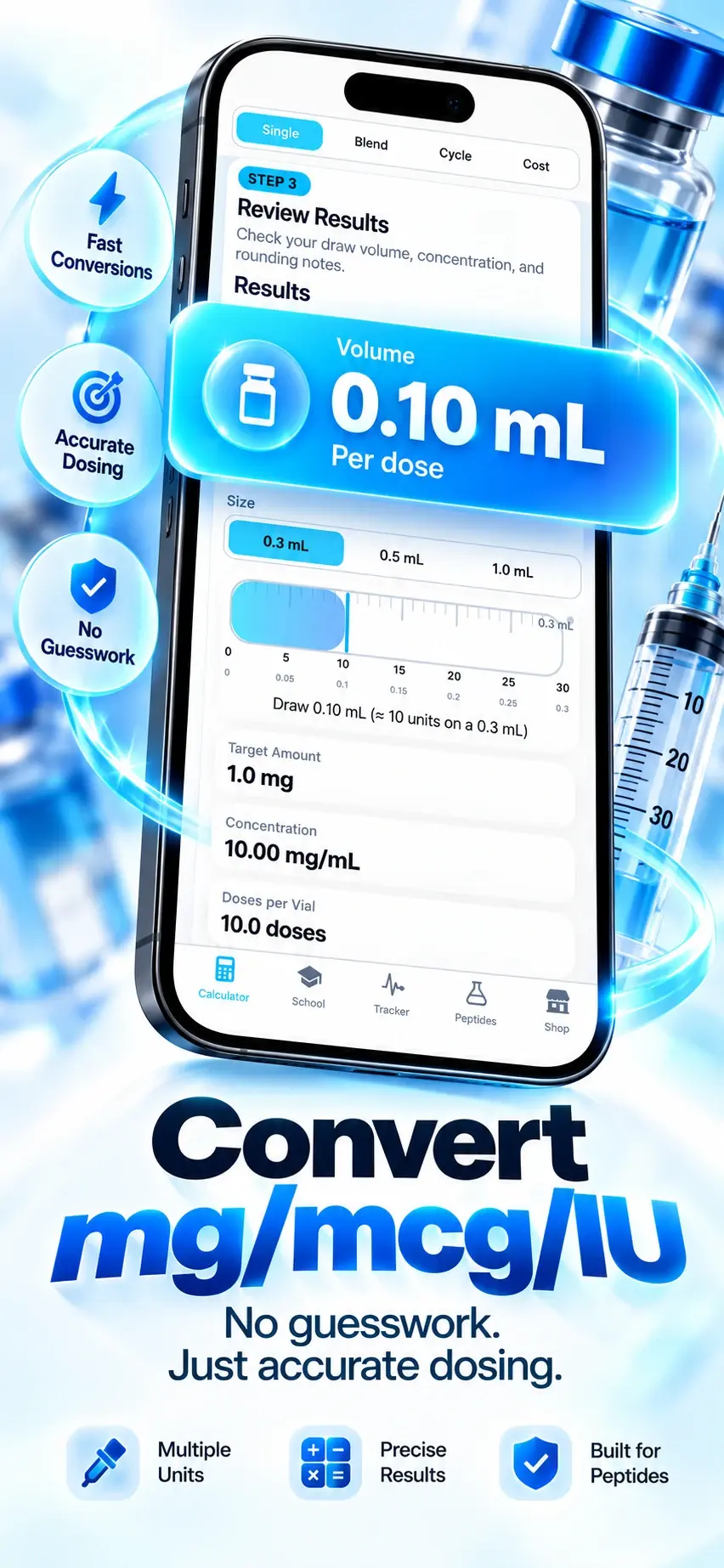 Peptide calculator results in the Peptide Library app: the volume to draw per dose, shown on a syringe scale