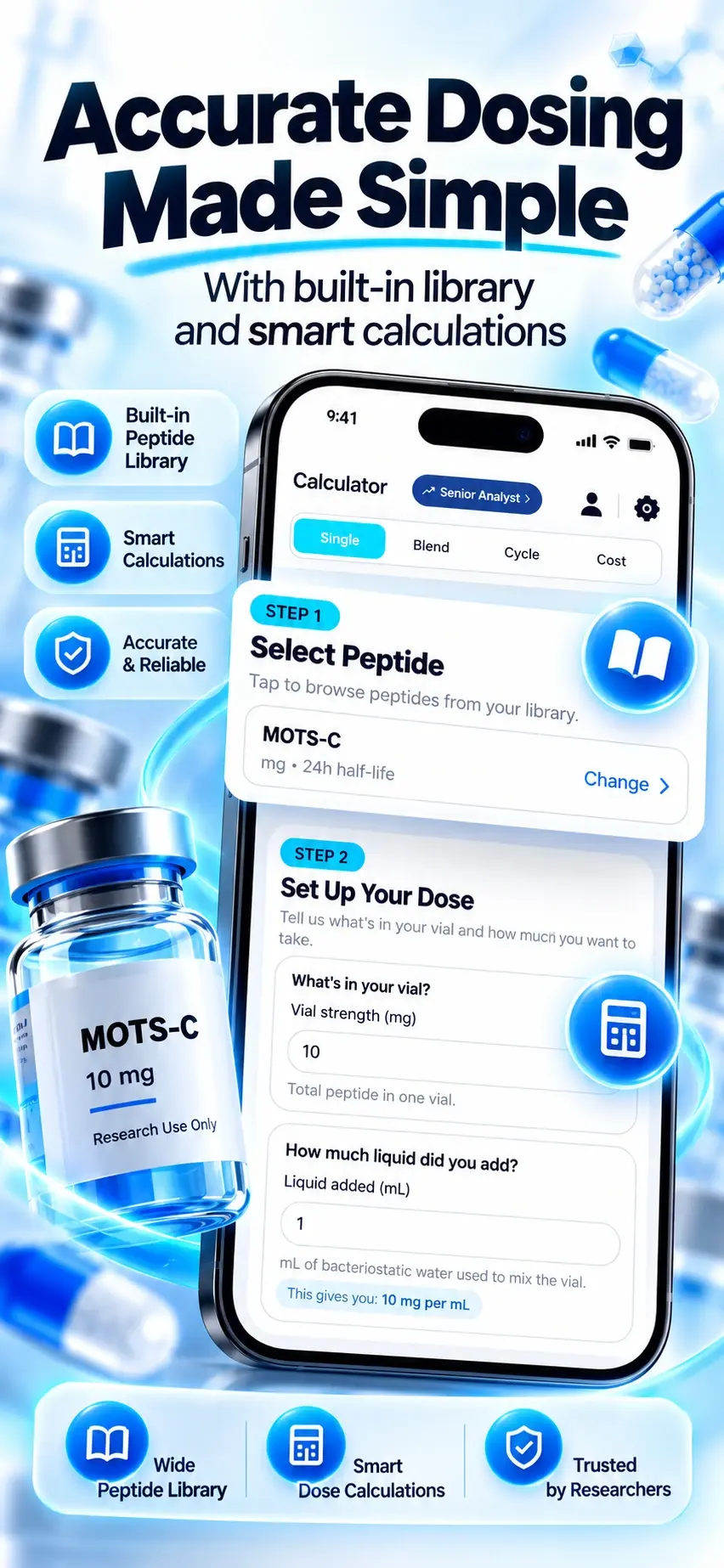 The peptide calculator in the Peptide Library app, with a peptide selected and its vial set up for a dose calculation