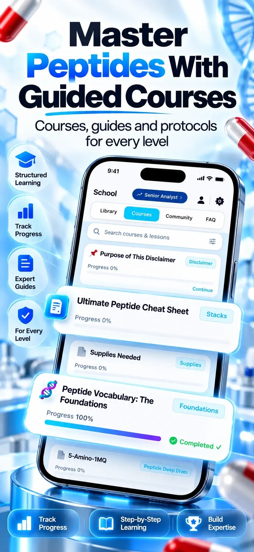 Peptide courses with lesson progress in the Peptide Library app