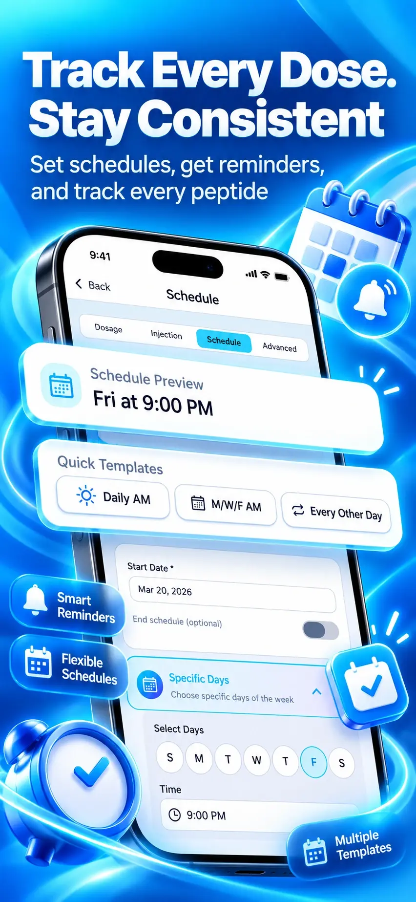 Setting a dosing schedule in the Peptide Library app, with quick templates and a schedule preview