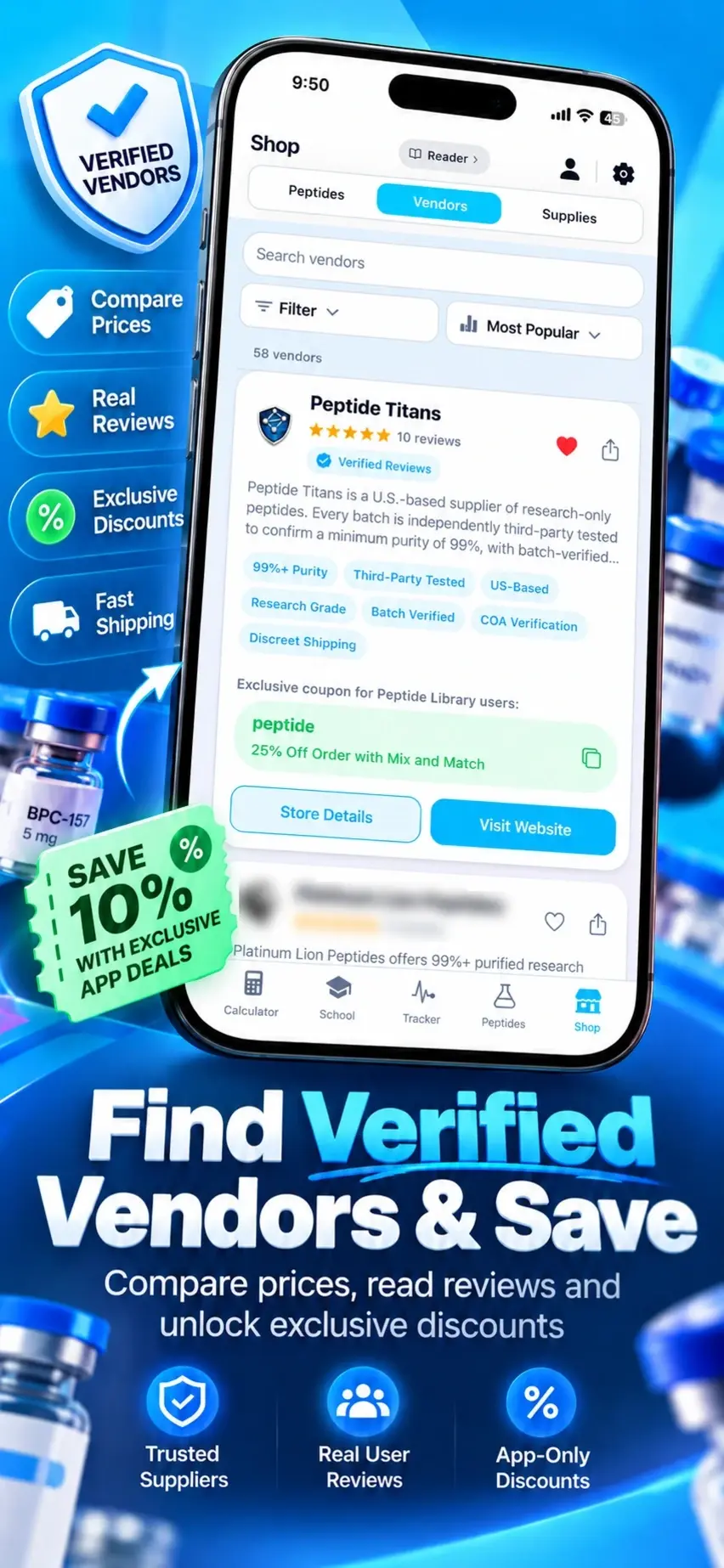 Vendors with ratings, reviews and coupon codes in the Peptide Library app