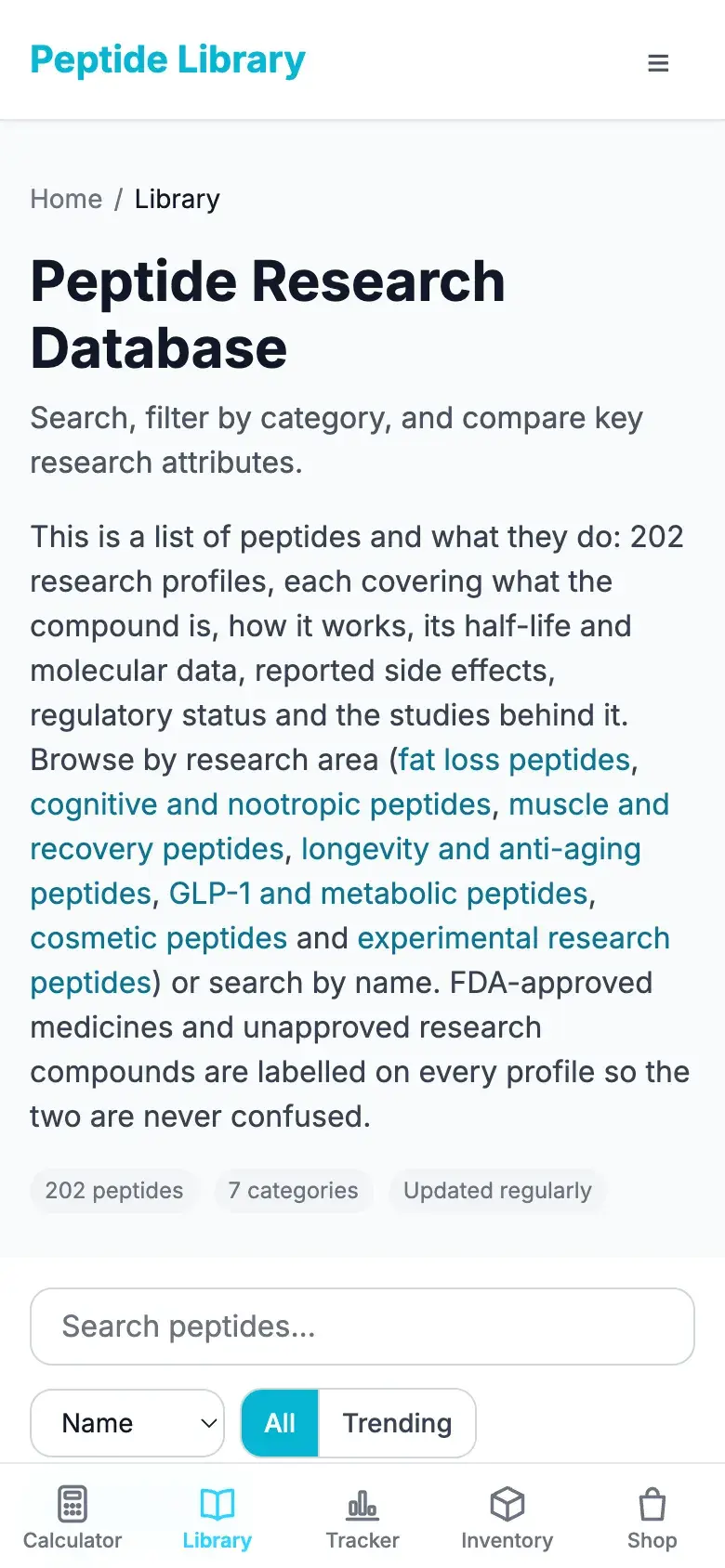 The peptide research library in the installed web app