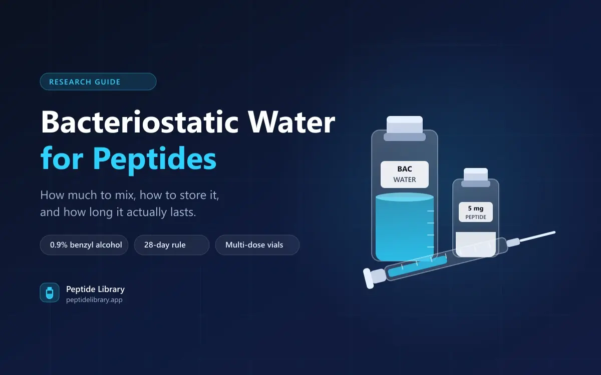 Bacteriostatic water vial beside a lyophilised peptide vial and an insulin syringe, illustrating peptide reconstitution